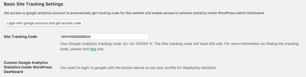 Site tracking settings for Google Analytics